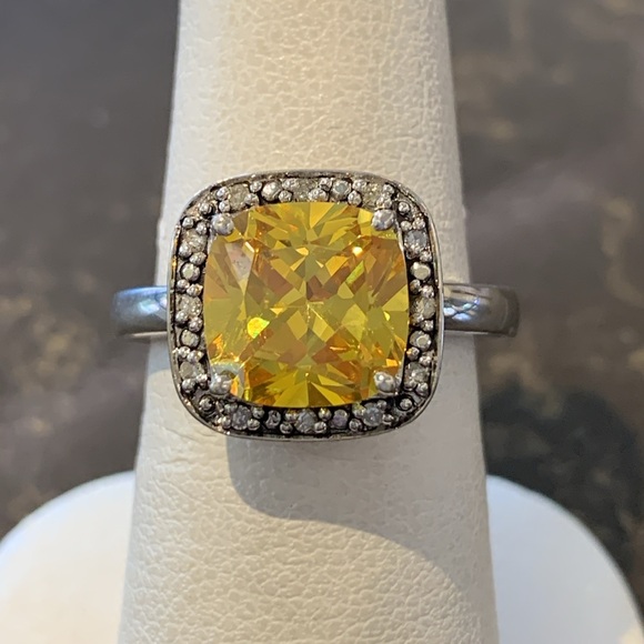 Sterling Silver Synthetic Golden Topaz & Diamond Halo Ring - Picture 1 of 4